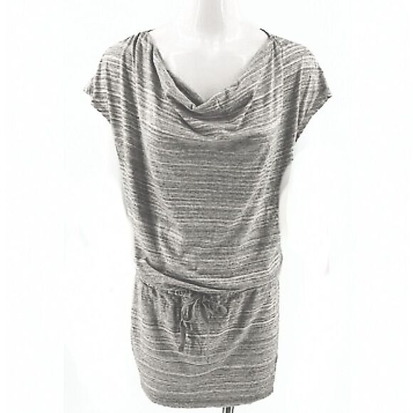LOFT Gray Striped Cotton Tunic Top Cowl Neck Cap Sleeve Drawstring Waist Small - Picture 1 of 10